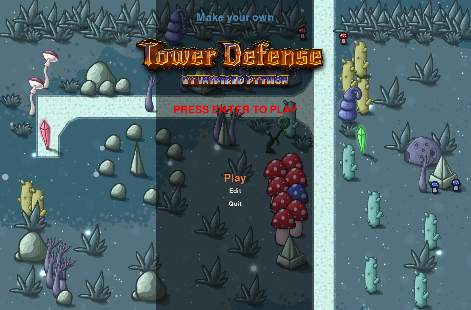 Screenshot of the main menu of the PyGame Tower Defense Game